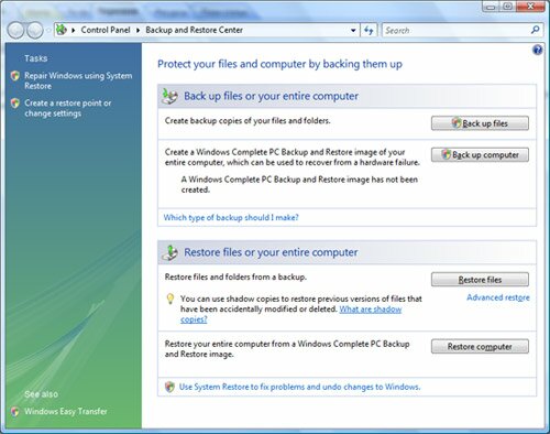 Windows Backup and Restore Center Windows Backup and Restore Center